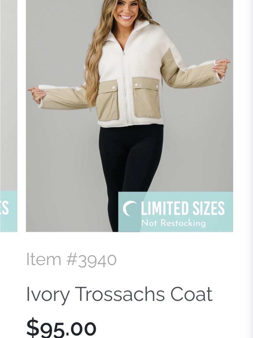 ZYIA Ivory Trossachs Coat -Cream Sherpa Zip Jacket with Tan Pocket Accents